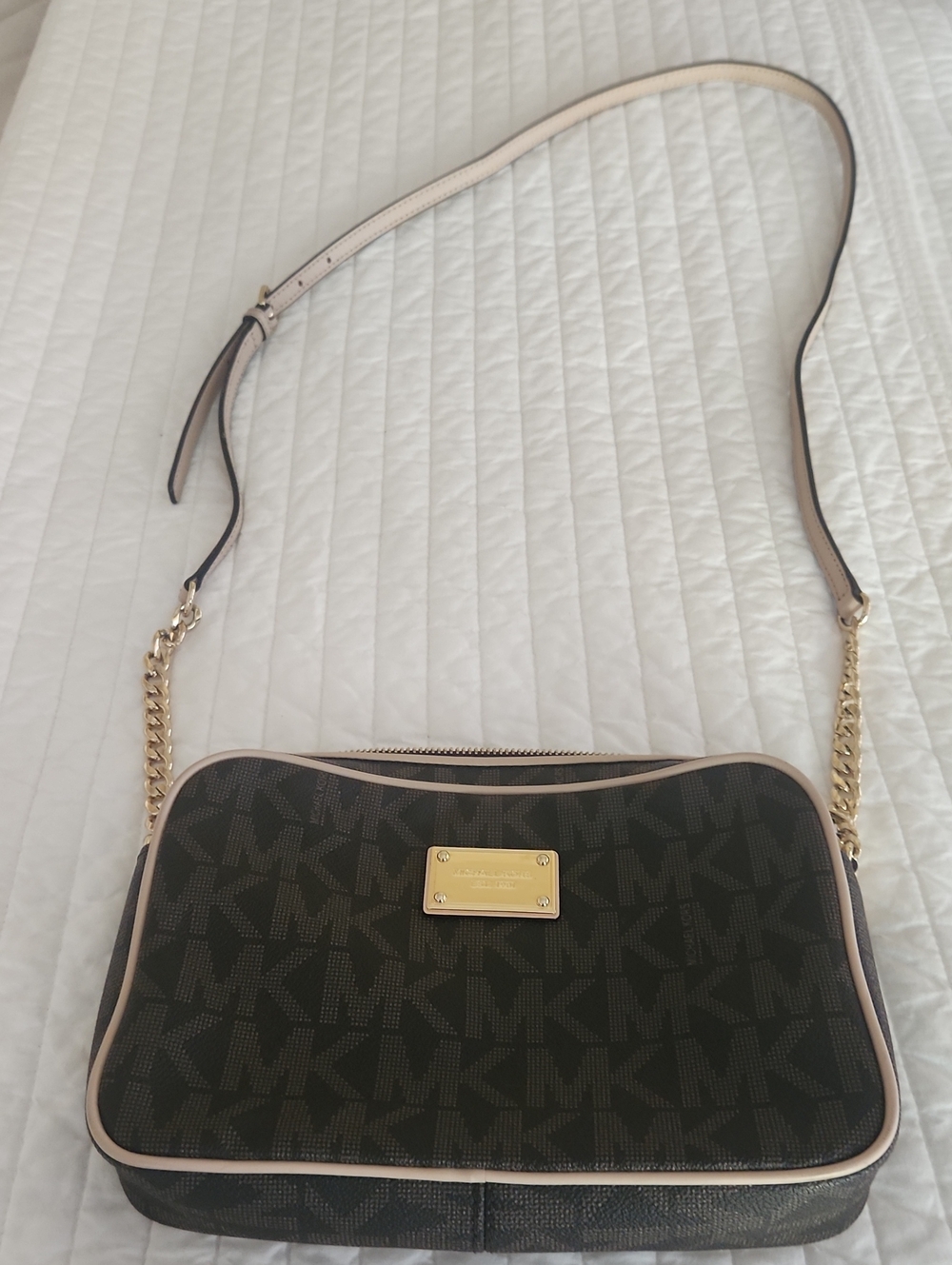 Michael Kors Black/Brown Signature MK Crossbody with Cream Trim